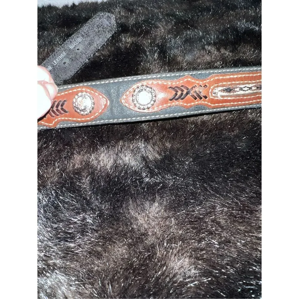 Vintage Nocona Leather Western Belt Brown With Silvertone Hardware and Southwest